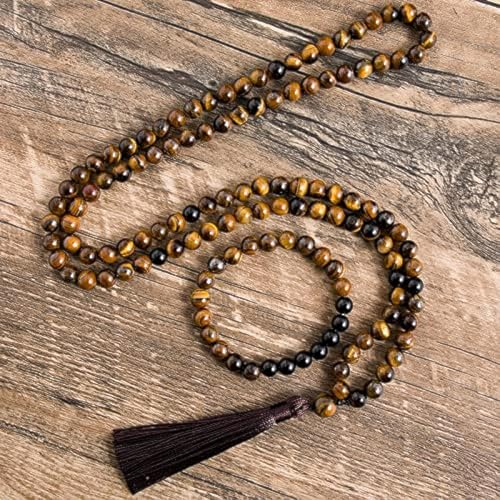 TAMHOPE Langes Tigerauge Perlen Black Onyx Quaste Halskette und Rosenkranz Japa Mala Perlen Armband Armband, Yoga Meditation Gebetsgeschenk für Frauen und Männer (8mm / 0,32 Zoll)