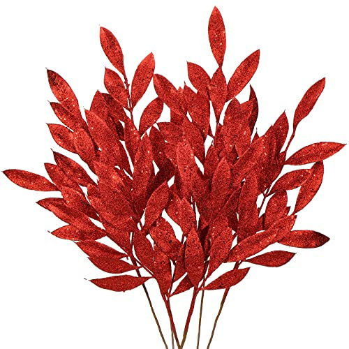 Hollyone 6 Pezzi di Foglie di Alloro di Natale Glitterate, Decorazioni per Albero di Natale Rosse da 60 cm, Decorazioni per Albero di Natale con Foglie Artificiali per Capodanno, Matrimoni, Feste