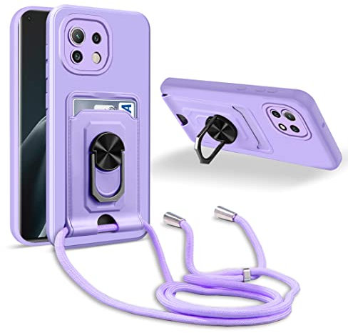 JMstore Handykette Schutzhülle Kompatibel mit Xiaomi Mi 11 5G,360° Ring Ständer magnetisches Eisenblech+Kartenfach Kameraschutz Stoßfester Silikon hülle-Lila