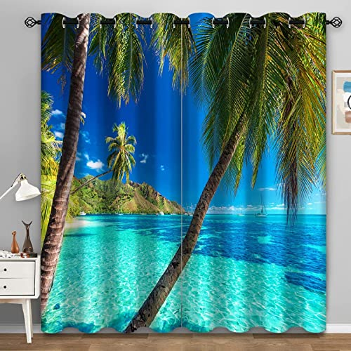 Vorhang Das Meer Blickdicht Gardinen mit Ösen 3D Druck Palme Blickdichte Vorhänge Wärmeisolierend Hawaiianischer Stil Vorhang verdunkelung Wohnzimmer Schlafzimmer 2 Stück 110x215 cm (BxH)