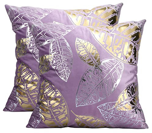 Idocolors Fodere per Cuscini in Velluto Set di 2 Decorativi Copricuscini per la Casa, Copertura per Cuscino con Motivo a Fogli per Divano 45x45 cm Viola