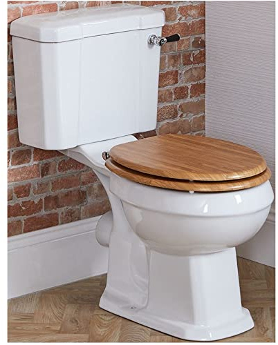 MILANO Comfort Height Close Coupled Toilet WC Oak Seat Chrome Black Handle | Ceramic Construction. Engineered Wood Seat. Traditional Style. Floorstanding Design. 6 Litre Cistern.