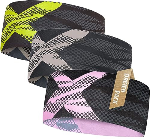 3er Set atmungsaktives Sport Stirnband Damen & Herren - schnelltrocknendes Kopfband zum Wenden - elastisches Haarband, Schweißband Stirn (neon, grau, rosa)