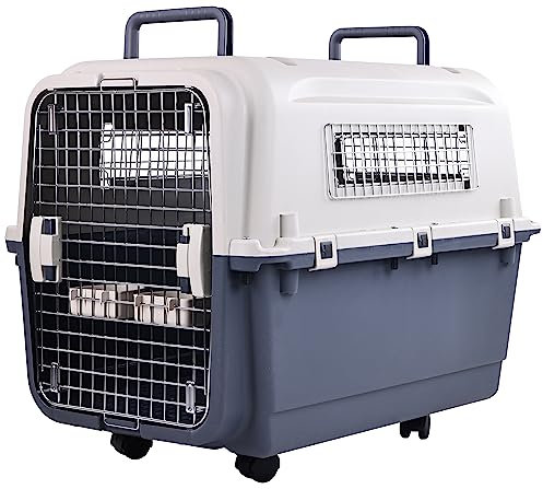 Elevon Kunststoff-Hundekäfig, rollend, Kunststoff, von Fluggesellschaften zugelassen, Drahttür, Reise-Hundebox, Größe L (78 x 54,1 x 57,9 cm)