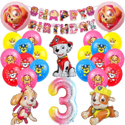 Hund Patrol Luftballons 3 Geburtstag Deko,Folienballon Zahl 3,Cartoon Luftballons Geburtstag Deko 3 Jahre für Mädchen Junge,Happy Birthday Banner für Dekoration Kindergeburtstag Party