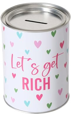 Spardose Sparschwein Schriftzug Lets Get Rich - Deckel abnehmbar - Wiederverwendbar Metall Sparbüchse Geldgeschenk Geschenkidee Geldspardose Metallspardose 14 x 10 cm