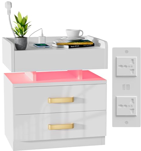 PIPIPOXER Nachttisch, Nachttisch in Weiß mit Steckdose und USB, Nachttische mit 2 Schubladen Nachschrank für Wohnzimmer,Schlafzimmer Bett 40x35x65cm Weiß