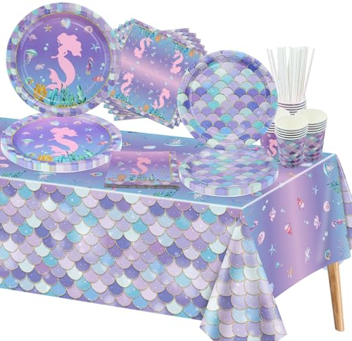 101Pcs Mermaid Birthday Decorations - Party Plates, Napkins, Scale Cups, Tablecloth for Girl Kids Baby Shower Little Mermaid Party Supplies, Serves 20