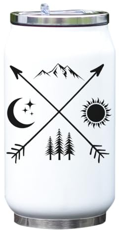 Minimalista Camping Flechas Sol y Luna Bosque Montañas Botella Térmica Vacío Botella Termo Blanco
