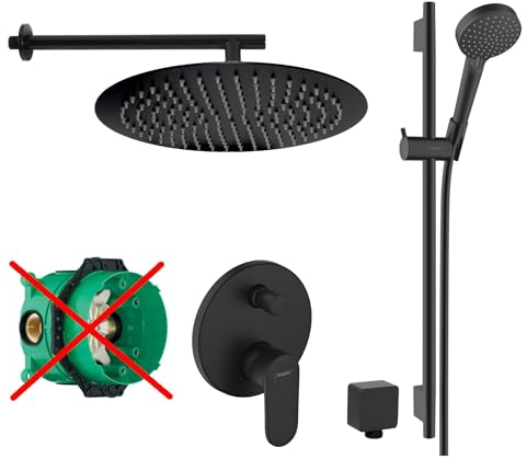 vanvilla Duschsystem mit Unterputz Duscharmatur von Hansgrohe Einhebelmischer und vanvilla Regendusche mit Armatur, Duschkopf rund, Dusch-SET HGS39-ob schwarz matt beschichtet