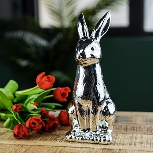 Keramik Osterdeko Hase sitzend 16 x 32cm Silber Dekofigur Oster-Dekoration Tisch-Deko Osterhase