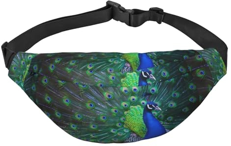Wunderschöner Pfauen-Gürtel für Herren und Damen, universal, verstellbar, Wandern, Reisen, Laufen, groß, wasserdicht, Crossbody-Tasche, Hüfttasche, Schwarz , Einheitsgröße