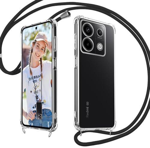 Rosyhulle Handykette für Xiaomi Redmi Note 13 Pro 5G Hülle, Transparent Silikon Handyhülle mit Band für Poco X6 Schutzhülle mit Kordel, TPU Stoßfest Cover zum Umhängen Halskette Schwarz