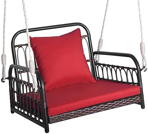 GIANTEX Hängesessel Outdoor, Hängestuhl aus Rattan & Metallrahmen, Hängesitz mit Rücken- & Armlehnen, Schaukelsessel mit Sitz- & Rückenkissen, Schaukelstuhl Hängend mit Hängeseilen bis 180kg belastbar