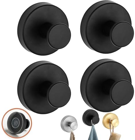 Yelschwa Lot de 4 crochets à ventouse améliorés en acier inoxydable étanches pour douche, salle de bain, serviettes à fixer sur les portes de douche en verre, carrelage et miroirs (noir)