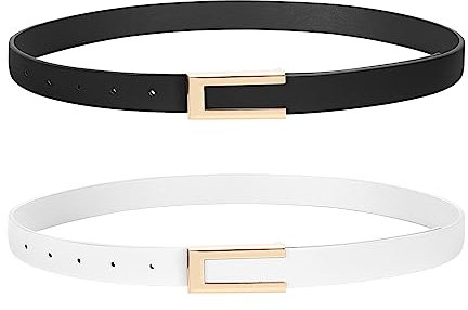 SUOSDEY 2 Pack Schmaler Gürtel für Damen, Dünner Ledergürtel Mode Taillengürtel für Kleid Jeans mit Goldschnalle schwarz+weiß