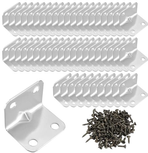 50 Pezzi Staffe Squadrette Angolari Acciaio Inox,Staffe in Metallo ad Angolo Retto a L 90 Gradi,Staffe Angolari Metallo per Legno con 200 Pezzi di Viti,per Mobili,Scaffali,Sedie in Legno,Tavoli