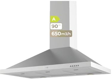 EVVO Campana Extractora Piramidal CE26 Pyramid, Filtro de Aluminio de 5 Capas, Ancho 90 cm, Potencia 650 m³/h, Luz LED, Filtro de Carbón Activo, 3 Velocidades, Eficiencia Energética A, Acabado Inox