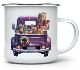 MAXIKIWI - Tazza da campeggio smaltata resistente per caffè o tè per uso interno ed esterno - Camion vintage natalizio - 350 ml