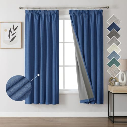 Joydeco 100% Verdunkelungsvorhänge Leinen Gardinen mit Kräuselband 2er Set H137xB117cm Marineblau, Thermovorhang Kälteschutz Blickdicht Schallschutz Ideal für Wohnzimmer passt zu Schienensystemen