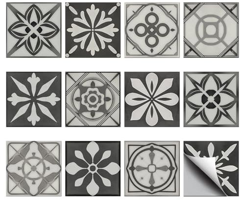 CHGCRAFT 36 Stück 12 Stil Grau Talabella Mexiko Fliesenaufkleber 10x10cm für die Küche Badezimmer Schlafzimmer Wand Kamin Bodendekoration