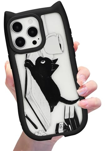 xoniery Compatible with iPhone 15 Pro Max Cute Black Cat Case [ 3D Cat Shape ] [ Senior Shockproof Protective ] iPhone 15 Pro Max Clear Case for Women Girls-Black