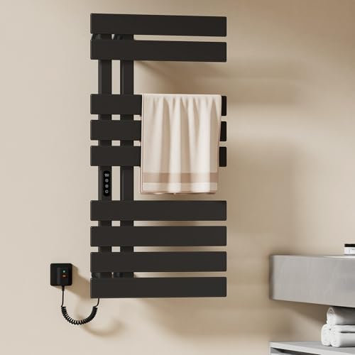 EMKE Handtuchheizkörper Elektrisch 1000 x 500 mm, WiFi Smart Thermostat Elektrischer Badheizkörper Handtuchhalter, Handtuchwärmer Elektrisch für Alexa und Google Home und APP Schwarz 320W (Left)