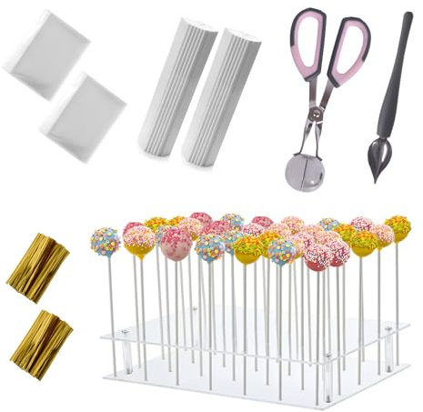 Cake Pop Maker Kit inkl. Lutscherstäbchen und 32 Löchern, durchsichtigem Acryl-Display-Ständer, Metallkugeler, kulinarischer Dekorationsschaufel, transparente Paketbeutel, Drehbänder