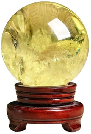 NHDVDVAV Citrine Ball Crystal Gemstone Sphere with Wooden Base,Natural Yellow Crystal Ball Healing Sphere Sculpture Figurine for Fengshui Divination Home Decoration,8cm/3.14in