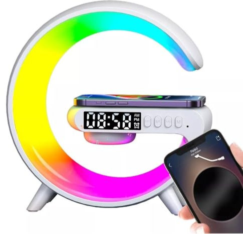 Llzzy Smart Atmosphere Lamp, Small LED Night Light Bluetooth Speaker Wireless Charger RGB Alarm Clock for Christmas Birthday Gifts (White)