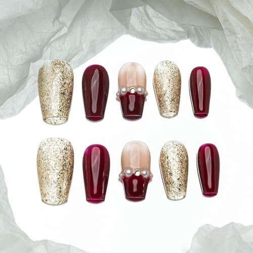 Sun&Beam Nails Handmade Press-on Medium Long Coffin Ballerina Red Green White New Year Pearl Sweet Design Fashion False Nail Tips 10 Pcs Set (#192 M)