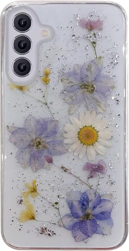 Riccase for Samsung Galaxy A14 4G/5GCase Clear with Real Dried Flower Pattern, Shockproof Transparent Soft TPU Protective Bumper Slim Glitter Cute Floral for Samsung A14 4G/5G Phone Case,Purple Flower