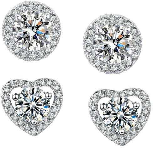 FENQURO 2 Paia orecchini donna 925 Sterling Argento Orecchini grande CZ Orecchini con perno falso diamante Orecchini con perno in argento borchie Set Cubic zirconia Orecchini con perno