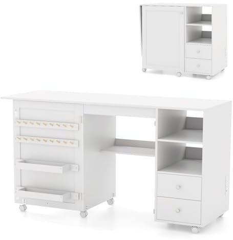 Multigot Folding Sewing Table with Charging Station, Rolling Drop Leaf Craft Table with 3 Storage Shelves, 2 Drawers, Yarn Bins, 18 Pegs and 6 Lockable Wheels, Mobile Sewing Workstation Hobby Desk