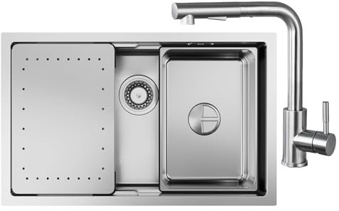 Fregadero de cocina de 70 x 44 cm con grifo extensible X203S, acero inoxidable, incluye sifón, fregadero de repuesto y tabla de cortar, fregadero de cocina con grifo