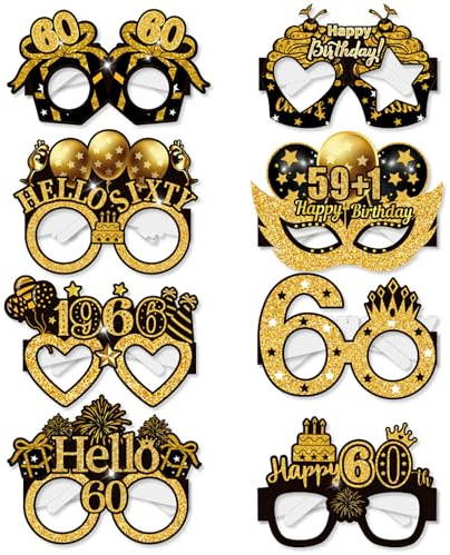 60th Birthday Glasses, LMSHOWOWO 8PCS Paper Novelty 60th Birthday Party Glasses, Funny Happy Birthday Photo Booth Props for Men Women Cheers to 60 Years 60th 1966 Birthday Party Decoration Supplies