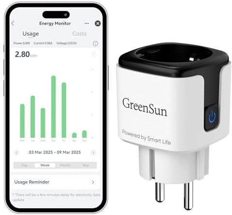 GreenSun Wlan Steckdose Stromzähler Steckdose - mit Smart Life APP Wlan Steckdose mit Strommessung Smart Steckdose Stromzähler für Steckdose Stromverbrauch Zeitschaltuhr Sprachsteuerung mit Alexa 16A