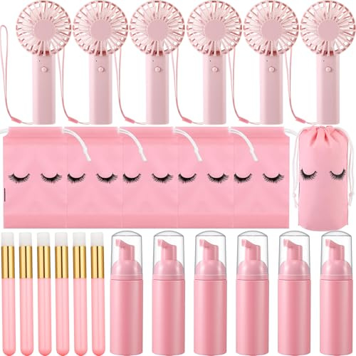 Woanger 24pcs Eyelash Fan Kit Rechargeable Handheld USB Mini Portable Fans Lash Shampoo Brush Empty Shampoo Bottle Drawstring Bag for Lash Care Wedding Souvenirs Employee Appreciation Gift(Pink)