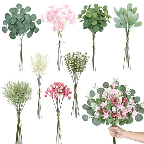 ASTNIC 75 Stück Künstliche Blumen Seidenblumen wie Echt & Eukalyptus Zweige | Rosa Kunstblumen Grün Pflanze Künstliche Eukalyptus Deko Zweige für DIY Brautstrauß Deko Hochzeit Home Tischdeko Geschenk