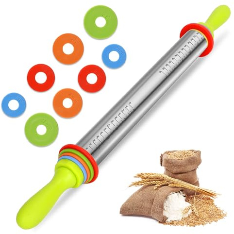 Mattarello in acciaio inox 61 cm – Mattarello in acciaio inox con distanziatore per spessore impasto, mattarello in acciaio inox con manico, rullo regolabile, accessorio per la cottura per pizza