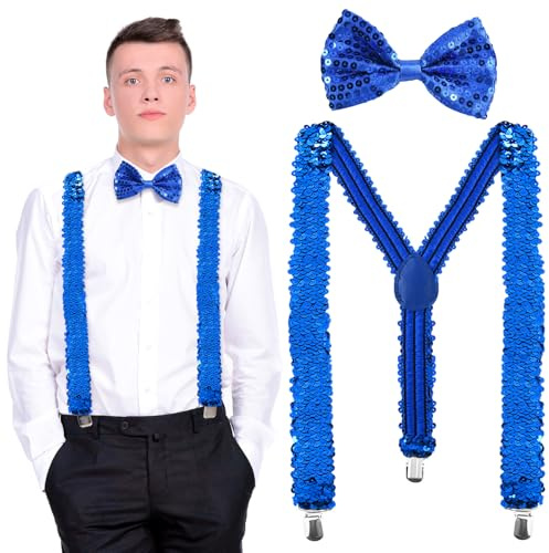 QIZHIQIAMY 2 Stück Glitzer Accessoires Herren - Glitzer Fliege und Dehnbare Hosenträger Verstellbar Pailletten Outfit für Silvester, Karneval, Disco Accessoires (Blau)