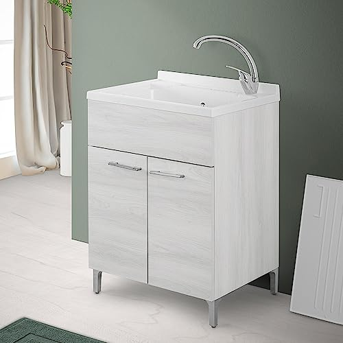 Mobile Lavatoio 60x60 Cm Con Vasca In Resina E 2 Ante Rovere Bianco – Completo Di Asse Lavapanni E Kit Di Scarico – Mobile Lavanderia Da Interno Già Assemblato