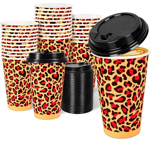 Whaline 50 Pcs Leopard Print Paper Cups Disposable Coffee Cups with Lids 16oz Brown Red Safari Animal Cheetah Party Cup for Hot Cold Drinks Beverage Birthday Holiday