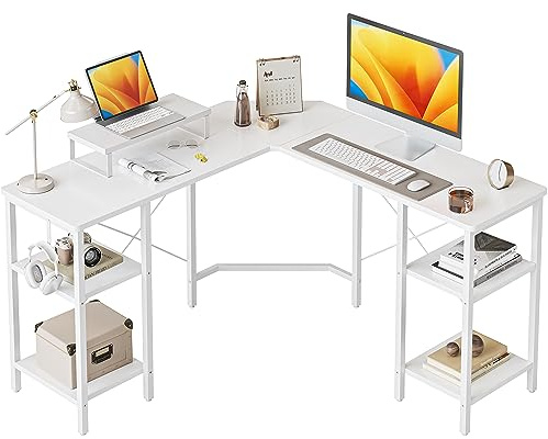 Cubiker L Shaped Gaming Desk 128 x 128 cm Computer Office Desk, Corner Desk with Dual Side Storage Shelves and Monitor Stand for Home Office Study Writing Workstation, White