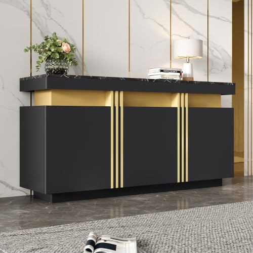 dowowdo Aparador con cajones, armario de TV y pasillo de 3 puertas, color negro con detalles en oro, 140 cm de ancho, elegante mueble de salón