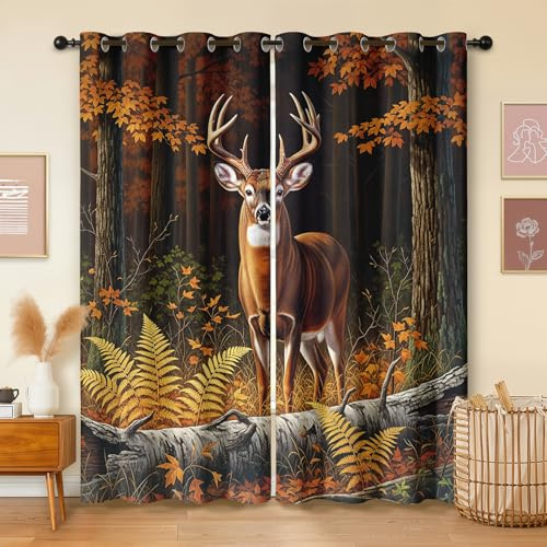 Havenix Herbstwald Hirsch Vorhänge Blickdicht Wohnzimmer Waldtiere Jagdmotiv Vorhang mit ösen Gardinen 166 cm Hoch 2er Set Verdunklungsvorhänge für Schlafzimmer Fenster