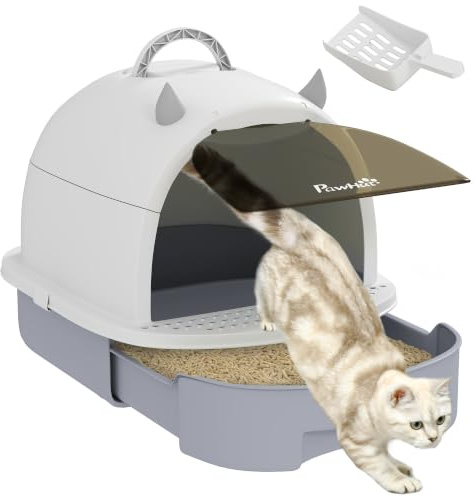 PawHut Katzenklo mit Deckel für Katzen bis 5 kg 40,5 x 52 x 39 cm Grau | Katzentoilette mit Schaufel, Bodenschublade, Leckagepedal