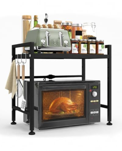 E-THOL 2-Tier Microwave Shelf, Expandable – Heavy Duty Microwave Stand for Countertop & Kitchen with 8 Hooks – For Oven, Coffee Maker & More (black)