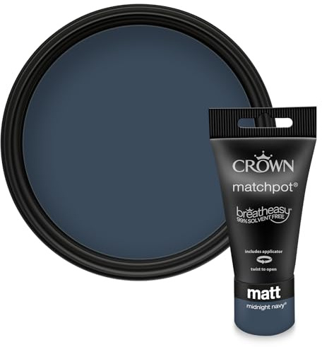 Crown WALLS & CEILINGS Navy Blue Matt Paint Tester - Sample 40ml | Try Midnight Navy before you buy. See the true colour on your wall, in your own light. Low VOC, low odour, breatheasy