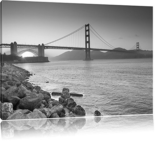 Pixxprint wunderschöne Golden Gate Bridge B&W, Größe: 100x70cm, Leinwandbild, fertig gespannt, Wandbild, Dekoration, Kunstdruck, kein Poster